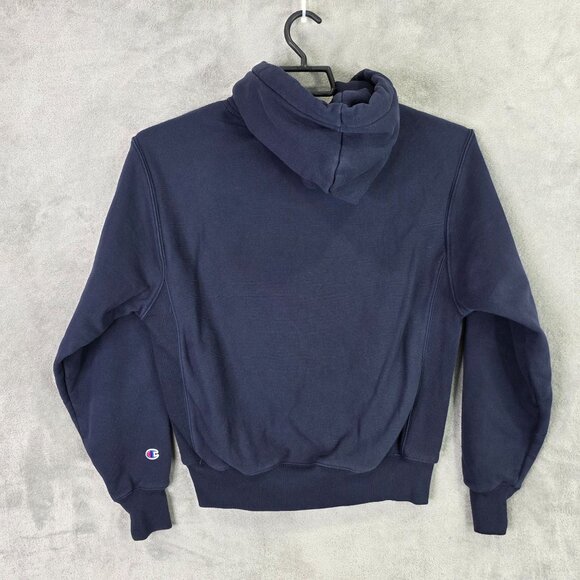 Mens Champion Reverse Weave Navy Hoodie Long Sleeve Cotton Blend Drawstring M - Picture 4 of 8